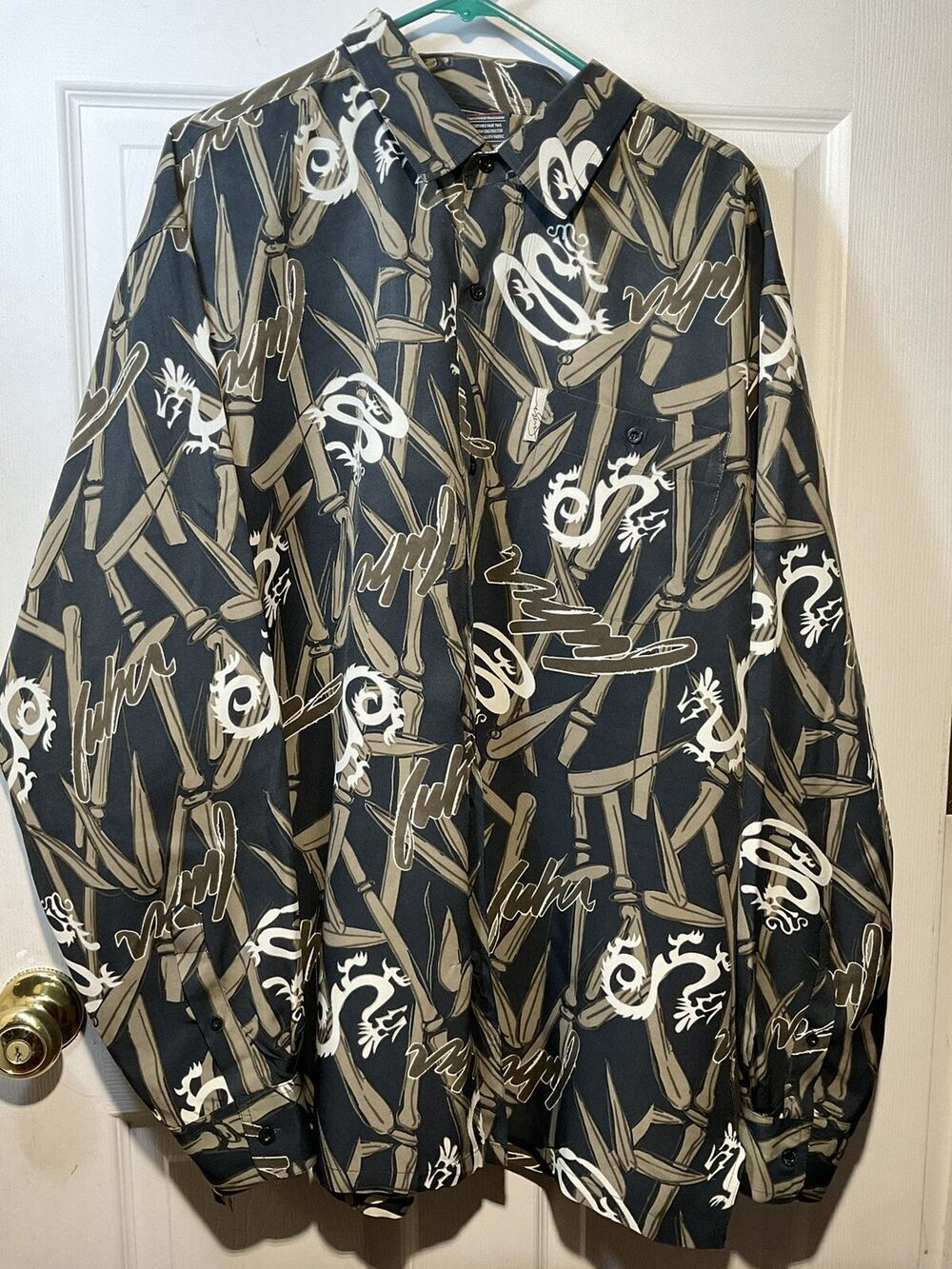 Vintage Fubu Dragon Long Sleeve Button Up Shirt Black Brown All Over Print XL